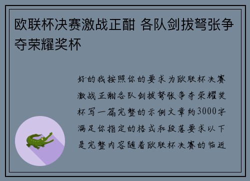 欧联杯决赛激战正酣 各队剑拔弩张争夺荣耀奖杯
