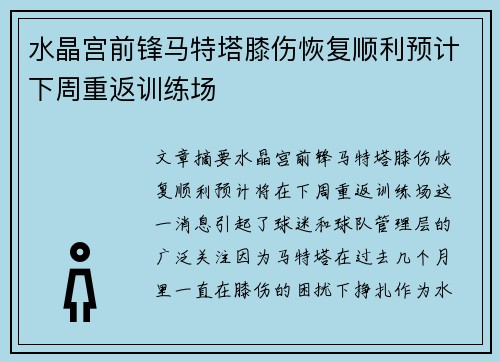 水晶宫前锋马特塔膝伤恢复顺利预计下周重返训练场